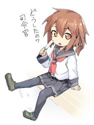 Rule 34 | 10s, 1girl, black pantyhose, brown eyes, brown hair, commentary request, fang, food, hair ornament, hairclip, ikazuchi (kancolle), kantai collection, long sleeves, looking at viewer, magenta (atyana), motion lines, neckerchief, open mouth, pantyhose, pleated skirt, popsicle, red neckerchief, school uniform, serafuku, short hair, simple background, sitting, skirt, solo, translated, white background