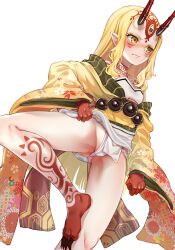 Rule 34 | 1girl, blonde hair, blush, boshi (a-ieba), clothes lift, commission, cup, eyeliner, facial mark, fate/grand order, fate (series), fingernails, forehead mark, headpiece, highres, horns, ibaraki douji (fate), japanese clothes, kimono, lifted by self, long hair, looking at viewer, makeup, oni, open mouth, pointy ears, sakazuki, sharp fingernails, sharp toenails, simple background, skeb commission, skin-covered horns, solo, standing, standing on one leg, tattoo, toenails, yellow eyes, yellow kimono