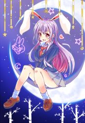 Rule 34 | 1girl, animal ears, bamboo, blazer, blouse, blush, breasts, crescent moon, extra ears, heart, hidamari (artist), hidamari (mizuiro yume koubou), jacket, large breasts, long hair, looking at viewer, moon, necktie, on crescent, open mouth, pleated skirt, purple hair, rabbit ears, red eyes, reisen udongein inaba, shirt, sitting, skirt, solo, star (symbol), touhou, v arms