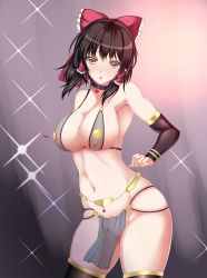 Rule 34 | 1girl, armpits, black hair, black neckwear, black thighhighs, blush, bow, breasts, brown eyes, choker, cleavage, collarbone, exhibitionism, fishnet bra, fishnets, hair bow, hair ornament, hakurei reimu, large breasts, loincloth, looking at viewer, navel, open mouth, pelvic curtain, public indecency, pussy, revealing clothes, see-through, short hair, solo, thighhighs, toraoto, touhou
