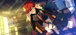 Rule 34 | 1boy, adjusting eyewear, amagi hiiro, aqua eyes, book, chair, closed mouth, dot nose, ensemble stars!, happy elements, indoors, long sleeves, looking at viewer, necktie, official art, pants, paper, pen, red hair, shelf, shirt, short hair, sitting, solo, striped clothes, striped necktie, striped shirt, suspenders, table, third-party source, vertical-striped clothes, vertical-striped shirt, white pants, window