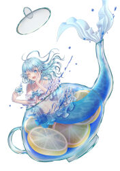 Rule 34 | 1girl, ;d, absurdres, aokocha, blue eyes, blue hair, cup, food, fruit, hand on own cheek, hand on own face, highres, holding, holding cup, long hair, looking at viewer, mermaid, monster girl, one eye closed, open mouth, orange (fruit), orange slice, original, partially submerged, simple background, smile, solo, teapot, white background