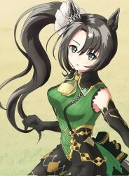 Rule 34 | 1girl, animal ears, black gloves, black hair, black shorts, blush, corrupted twitter file, ear ornament, elbow gloves, from side, gloves, green sweater, hair between eyes, highres, horse ears, horse girl, horse tail, long hair, looking at viewer, masasim, multicolored hair, open mouth, ribbed sweater, satono crown (umamusume), shorts, side ponytail, simple background, sleeveless, sleeveless sweater, solo, streaked hair, suspenders, sweater, tail, umamusume, white hair, yellow background