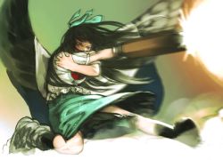 Rule 34 | 1girl, arm cannon, asymmetrical footwear, bird wings, black hair, black socks, black wings, blouse, bow, brown eyes, buttons, cape, collared shirt, control rod, envenomist (gengoroumaru), frilled skirt, frills, green bow, green skirt, hair bow, kneehighs, long hair, mismatched footwear, one-hour drawing challenge, puffy short sleeves, puffy sleeves, recoil, reiuji utsuho, shirt, shoes, short sleeves, single shoe, sketch, skirt, socks, solo, subterranean animism, third eye, touhou, weapon, white cape, white shirt, wings