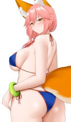 Rule 34 | 1girl, absurdres, animal ear fluff, animal ears, arind yudha, ass, back, bare shoulders, bikini, blue bikini, blush, bracelet, breasts, fate/grand order, fate (series), fox ears, fox girl, fox tail, highres, jewelry, large breasts, long hair, looking at viewer, looking back, pink hair, sidelocks, solo, swimsuit, tail, tamamo (fate), tamamo no mae (fate/extra), tamamo no mae (swimsuit lancer) (fate), thighs, yellow eyes