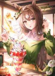 Rule 34 | 1girl, absurdres, blouse, brown eyes, brown hair, collared shirt, commentary, day, dress, eating, flower, food, glint, green dress, hair between eyes, hair ornament, half updo, halterneck, hand in own hair, highres, indoors, long hair, looking at viewer, off-shoulder dress, off shoulder, open mouth, pancake, parfait, pippin (pippin sol), satono diamond (umamusume), see-through, see-through sleeves, shirt, sitting, skirt, solo, spoon, sunlight, symbol-only commentary, teeth, umamusume, upper body, white flower, white shirt, yellow skirt