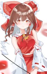 Rule 34 | 1girl, 258n, absurdres, ascot, blurry, blush, bow, breasts, brown hair, closed mouth, commentary request, detached sleeves, frilled bow, frilled shirt collar, frills, gohei, hair between eyes, hair bow, hair tubes, hakurei reimu, highres, long hair, looking at viewer, medium breasts, midriff, navel, nontraditional miko, orange eyes, red bow, red shirt, red skirt, ribbon-trimmed sleeves, ribbon trim, shide, shirt, simple background, skirt, sleeveless, sleeveless shirt, smile, solo, touhou, white background, white sleeves, yellow ascot