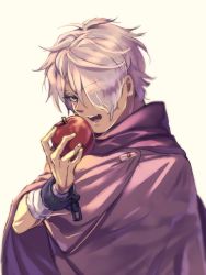 Rule 34 | 1boy, apple, food, fruit, gloves, green eyes, hair over one eye, highres, komame (st beans), male focus, octopath traveler, octopath traveler i, open mouth, scarf, short hair, simple background, smile, solo, therion (octopath traveler)