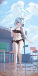 Rule 34 | 1girl, absurdres, arona (blue archive), bikini, black bikini, blue archive, blue hair, blue sky, bow hairband, breasts, building, chair, cloud, collarbone, colored inner hair, damaged, day, desk, frilled bikini, frills, full body, hair over one eye, hairband, halo, highres, light blue hair, multicolored hair, navel, outdoors, purple hair, school chair, school desk, sky, small breasts, solo, sprygon, standing, swimsuit, white hairband, wooden floor