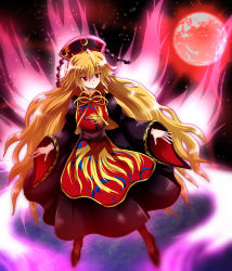 Rule 34 | 1girl, absurdres, ahoge, black hat, black sky, blonde hair, brown pantyhose, closed mouth, commentary request, energy, eyes visible through hair, hair between eyes, hands up, hat, highres, junko (touhou), kazakome, legacy of lunatic kingdom, long hair, long sleeves, looking to the side, pantyhose, red eyes, sky, solo, standing, star (sky), starry sky, tabard, touhou, wide sleeves
