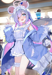 Rule 34 | 3girls, ;d, absurdres, animal ears, apron, black hair, blue bow, blue eyes, blue hair, blue jacket, bow, commentary request, cup, drinking glass, frilled apron, frilled sleeves, frills, halo, highres, horns, indoors, jacket, long hair, long sleeves, looking at viewer, maid, maid apron, maid headdress, mouse ears, mouse girl, mouse tail, multicolored hair, multiple girls, ohihil, one eye closed, one side up, open clothes, open jacket, open mouth, original, pink hair, puffy long sleeves, puffy sleeves, sleeves past wrists, smile, solo focus, tail, tail bow, tail ornament, tile floor, tiles, two-tone hair, very long hair, waitress