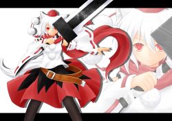 Rule 34 | 1girl, animal ears, baia, black pantyhose, breasts, detached sleeves, hat, inubashiri momiji, letterboxed, looking at viewer, pantyhose, red eyes, short hair, simple background, small breasts, smile, solo, sword, tail, tokin hat, touhou, weapon, white background, white hair, wolf ears, wolf tail, zoom layer