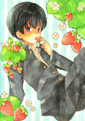 Rule 34 | 1boy, berry, child, eating, fruit, gakuran, jacket, male focus, nagiyaki (momomo77), school uniform, solo, strawberry, uniform