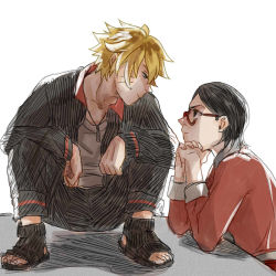Rule 34 | 1boy, 1girl, black eyes, black hair, blonde hair, blue eyes, head rest, eye contact, facial mark, glasses, jewelry, looking at another, naruto: the last, naruto (series), necklace, resurgam, short hair, source request, spoilers, squatting, uchiha sarada, uzumaki boruto, white background