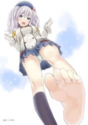 Rule 34 | 10s, 1girl, 2015, :d, ama mitsuki, arms up, artist name, barefoot, beret, black socks, blue skirt, blush, breasts, buttons, dated, double-breasted, epaulettes, feet, female focus, foot focus, from below, gloves, grey eyes, grey hair, hat, jacket, kantai collection, kashima (kancolle), kneehighs, large breasts, long sleeves, military, miniskirt, open mouth, panties, pantyshot, pleated skirt, pov, signature, single sock, skirt, smile, socks, soles, solo, standing, toes, twintails, underwear, upskirt, wavy hair