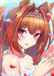 Rule 34 | 1girl, animal ears, barefoot, blush, breasts, brown hair, cleavage, confetti, daiwa scarlet (umamusume), dress, fang, flower, hair intakes, hands up, highres, horse ears, large breasts, lips, long hair, looking at viewer, nabe puyo, open mouth, own hands together, petals, red eyes, skin fang, solo, tiara, twintails, umamusume, upper body, white dress