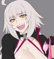 Rule 34 | 1girl, :d, ahoge, bad id, bad pixiv id, bikini, black bikini, black choker, black gloves, black jacket, breasts, choker, cleavage, collarbone, condom, cropped jacket, fate/grand order, fate (series), gloves, hair between eyes, holding, holding condom, jacket, jeanne d&#039;arc alter (swimsuit berserker) (fate), jeanne d&#039;arc (fate), jeanne d&#039;arc alter (fate), jeanne d&#039;arc alter (swimsuit berserker) (fate), large breasts, laughing, long hair, mikoyan, o-ring, o-ring bikini, open mouth, shrug (clothing), silver hair, smile, solo, swimsuit, used condom, yellow eyes