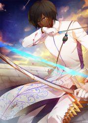 Rule 34 | 1boy, archer (fate/grand order), arjuna (fate), arrow (projectile), bad id, bad pixiv id, blood, blood on face, bow (weapon), brown hair, dark-skinned male, dark skin, fate/grand order, fate (series), gloves, gradient background, heru (goldprin), indian clothes, male focus, solo, tunic, weapon