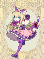 Rule 34 | 1girl, :d, animal ears, animal hands, blonde hair, blue eyes, bow, cat ears, cat tail, clenched hand, dairoku ryouhei, dress, fang, flower, full body, hand up, l (matador), long hair, long sleeves, looking at viewer, mary janes, open mouth, pantyhose, pink bow, pink dress, pink pantyhose, purple bow, purple footwear, purple pantyhose, running, shoes, simple background, smile, solo, striped clothes, striped pantyhose, tail, tail bow, tail ornament, yellow background