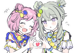 Rule 34 | 2girls, :d, blush, closed eyes, commentary request, dot nose, green hair, hair up, heart, heart hands, heart hands duo, kusanagi nene, long hair, low-tied sidelocks, multiple girls, official alternate costume, official alternate hairstyle, ootori emu, open mouth, pink hair, pjmiyo, project sekai, purple eyes, short hair, short sleeves, simple background, smile, smile of dreamer (project sekai), upper body, white background, yuri