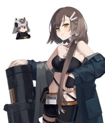 Rule 34 | 2girls, absurdres, arknights, bandeau, bare shoulders, belt, black gloves, black pants, blue coat, breasts, brown hair, chibi, coat, commentary request, cowboy shot, fingerless gloves, firefighter, firewhistle (arknights), gloves, grin, hair ornament, hairclip, highres, hinami047, long hair, looking at viewer, multiple girls, off shoulder, open clothes, open coat, orange belt, pants, shaw (arknights), short hair, simple background, small breasts, smile, standing, strapless, thighs, tube top, very long hair, white background, yellow eyes