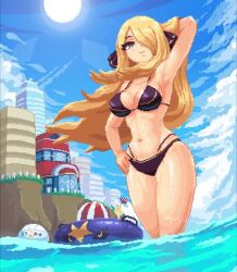 Rule 34 | 1girl, animated, arm behind head, arm up, ball, beachball, bikini, black bikini, black ribbon, blonde hair, blue sky, blush, breasts, cloud, cocktail umbrella, creatures (company), cup, curvy, cynthia (pokemon), drinking glass, floating hair, game freak, garchomp, gen 3 pokemon, gen 4 pokemon, glass, grey eyes, hair ribbon, hand on own hip, innertube, itzah, large breasts, lens flare, long hair, looking at viewer, looping animation, multi-strapped bikini bottom, navel, nintendo, outdoors, pixel art, pokemon, pokemon bw, ribbon, sky, smile, solo, sound, sun, swim ring, swimsuit, thick thighs, thighs, very long hair, video, volleyball (object), water, waves, wine glass