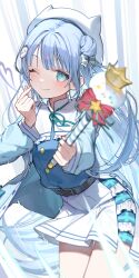 Rule 34 | 1girl, ;), aqua ribbon, belt, black belt, blue eyes, blue hair, blue shirt, character request, commentary request, copyright request, hair ornament, hat, heart, highres, holding, holding wand, long hair, looking at viewer, neck ribbon, ningen mame, one eye closed, ribbon, shirt, skirt, smile, solo, very long hair, virtual youtuber, wand, white hat, white skirt