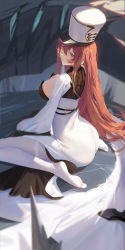 Rule 34 | 1girl, ass, azur lane, breasts, brown eyes, closed mouth, coat, coat dress, dress, fur hat, hand on floor, hat, highres, ice, large breasts, lips, long hair, long sleeves, looking at viewer, no shoes, on floor, pantyhose, papakha, red hair, sansan (dongfangzhong111), sideboob, simple background, smile, soles, solo, spread legs, thigh strap, thighs, volga (azur lane), white coat, white dress, white hat, white pantyhose, winter