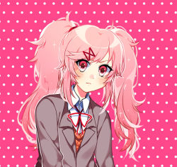 Rule 34 | 1girl, alternate hair length, alternate hairstyle, blush, closed mouth, commentary, doki doki literature club, english commentary, hair ornament, hairclip, long hair, looking at viewer, natsuki (doki doki literature club), pink background, pink eyes, pink hair, polka dot, polka dot background, savi (byakushimc), school uniform, solo, twintails, upper body