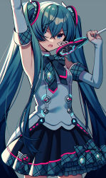 Rule 34 | 1girl, absurdres, amagi hana, arm up, armpits, black bow, black bowtie, black skirt, blue eyes, blue hair, blue nails, blue shirt, bow, bowtie, breasts, cowboy shot, detached sleeves, grey background, hair between eyes, hatsune miku, highres, holding, holding microphone, long hair, long sleeves, looking at viewer, magical mirai (vocaloid), microphone, nail polish, neon trim, open mouth, plaid, plaid skirt, shirt, simple background, skirt, sleeves past wrists, small breasts, solo, twintails, unmoving pattern, v-shaped eyebrows, very long hair, vocaloid