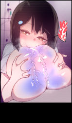 Rule 34 | 1boy, 1girl, black hair, blush, breasts, brown eyes, heart, highres, large breasts, mikasa known, monster girl, nipples, paizuri, penis, see-through, short hair, slime girl, smile, tongue, tongue out, transformation
