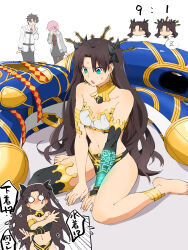 Rule 34 | 1boy, 2girls, anklet, arm warmers, armlet, asymmetrical sleeves, bare shoulders, barefoot, between legs, black-framed eyewear, black bikini bottom, black hair, black thighhighs, blue eyes, blush, breasts, bridal gauntlets, brown hair, chaldea uniform, cleavage, collarbone, comic, cosplay, covered mouth, covering own mouth, detached sleeves, dress, earrings, embarrassed, fate/grand order, fate/stay night, fate (series), fujimaru ritsuka (male), full-face blush, glasses, hair over one eye, hair ribbon, hand between legs, hand over own mouth, heavenly boat maanna, highres, holding, hoop earrings, ishtar (fate), ishtar (fate) (cosplay), jewelry, koboshitax, long hair, magic crest, mash kyrielight, medium breasts, multiple girls, navel, neck ring, nose blush, o o, purple eyes, purple hair, ribbon, short hair, simple background, single arm warmer, single bare leg, single bridal gauntlet, single detached sleeve, single sleeve, single thighhigh, sitting, stomach, thighhighs, thighs, tohsaka rin, two side up, uneven sleeves, wariza