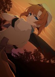Rule 34 | 1girl, absurdres, axe, back bow, blood, bloody weapon, blue eyes, bow, bowtie, brown hair, closed mouth, dress, hair between eyes, hair intakes, hat, hatchet (axe), highres, higurashi no naku koro ni, holding, holding weapon, looking at viewer, orange sky, poyadevil, purple bow, purple bowtie, ryuuguu rena, short hair, short sleeves, sky, solo, weapon, white dress, white hat, wristband