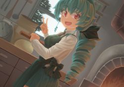 Rule 34 | 1girl, :d, absurdres, alternate hairstyle, anchovy (girls und panzer), anzio school uniform, apron, black necktie, black ribbon, black skirt, brick oven, cooking, dress shirt, dutch angle, girls und panzer, green apron, green hair, hair ribbon, helmet (trailblazer003), highres, holding, indoors, kitchen, long hair, long sleeves, looking at viewer, looking back, miniskirt, necktie, open mouth, oven, pleated skirt, red eyes, ribbon, school uniform, shirt, single drill, skirt, smile, solo, standing, twintails, v, white shirt, window, wing collar