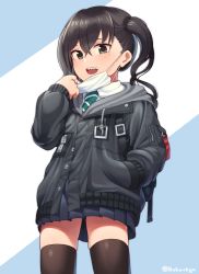 Rule 34 | 1girl, :d, absurdres, black hair, black jacket, black skirt, blue background, brown eyes, brown thighhighs, collared shirt, commentary request, cowboy shot, goback, green necktie, hair between eyes, hand in pocket, hand up, highres, hood, hood down, hooded jacket, idolmaster, idolmaster cinderella girls, jacket, legs apart, long hair, long sleeves, looking at viewer, mask, mask pull, miniskirt, mole, mole under eye, mouth mask, necktie, open mouth, pleated skirt, school uniform, sharp teeth, shirt, skirt, smile, solo, standing, striped necktie, striped neckwear, sunazuka akira, surgical mask, teeth, thighhighs, twintails, twitter username, two-tone background, upper teeth only, wavy hair, white background, white shirt, zettai ryouiki