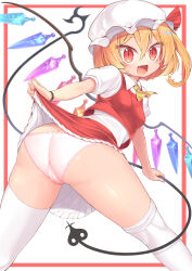 Rule 34 | 1girl, :d, absurdres, ascot, ass, blonde hair, blush, border, bracelet, breasts, butt crack, cameltoe, cleft of venus, clothes lift, collared shirt, crystal, fang, flandre scarlet, frilled skirt, frills, harunoha, hat, highres, jewelry, laevatein (touhou), lifting own clothes, looking at viewer, mob cap, one side up, open mouth, panties, puffy short sleeves, puffy sleeves, red border, red eyes, red skirt, red vest, shirt, short hair, short sleeves, skirt, skirt lift, slit pupils, small breasts, smile, thighhighs, touhou, underwear, variant set, vest, white background, white headwear, white panties, white shirt, white thighhighs, wings, yellow ascot