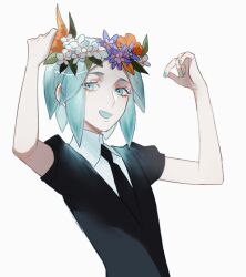 Rule 34 | 1other, :d, androgynous, aqua eyes, aqua hair, aqua nails, arms up, collared shirt, colored skin, crystal hair, flower, gem uniform (houseki no kuni), glowing, glowing hair, head wreath, houseki no kuni, jiangtuan4, looking to the side, nail polish, necktie, open mouth, other focus, parted bangs, phosphophyllite, puffy short sleeves, puffy sleeves, shirt, short hair, short sleeves, shorts, sidelocks, simple background, smile, solo, upper body, white background, white skin