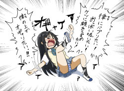 1girl akiyama_mio black_hair black_socks blush collar collared_shirt commentary_request k-on! long_hair odenyarou open_mouth panties school_uniform shirt short_sleeves simple_background skirt socks solo_focus striped_clothes striped_panties translation_request underwear white_background white_footwear