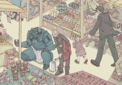 Rule 34 | 00s, 1girl, 2boys, alphonse elric, armor, brothers, carrying, carrying under arm, child, coat, day, edward elric, elicia hughes, father and daughter, food, fullmetal alchemist, holding hands, kneehighs, maes hughes, market, multiple boys, on one knee, outdoors, shopping, siblings, socks, standing, unworn coat, watch, wristwatch