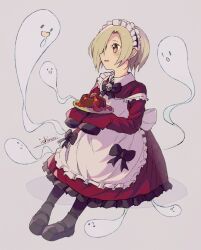 Rule 34 | 1girl, apron, black bow, black bowtie, black footwear, blonde hair, bow, bowtie, brown eyes, cake, chocolate cake, dress, drooling, ear piercing, food, frilled apron, frilled dress, frills, full body, ghost, grey background, hair over one eye, holding, holding plate, ichiromi, idolmaster, idolmaster cinderella girls, maid, maid apron, maid headdress, open mouth, piercing, plate, red dress, saliva, shirasaka koume, short hair, signature, simple background, skull brooch, skull ornament, sleeves past fingers, sleeves past wrists, smile, strap slip, white apron