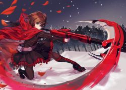 Rule 34 | 1girl, black dress, black hair, boots, breasts, cape, cloak, corset, crescent rose, dress, frilled dress, frills, full body, grey eyes, hood, hooded cloak, medium breasts, on one knee, red cape, red hair, ruby rose, rwby, scythe, short hair, solo, standing, thighhighs