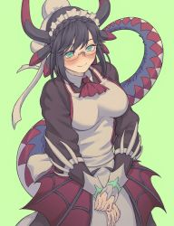 Rule 34 | 1girl, apron, black hair, blue eyes, blush, breasts, collared dress, dragon girl, dragon horns, dragon tail, dragon wings, dress, duel monster, glasses, green background, highres, horns, house dragonmaid, large breasts, maid, maid apron, own hands together, smile, solo, tail, wings, yamajee illust, yu-gi-oh!