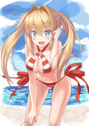 Rule 34 | 1girl, :d, absurdres, ahoge, beach, bent over, bikini, blonde hair, blue sky, blush, breasts, calzooone, cloud, day, fate/grand order, fate (series), green eyes, hair intakes, halterneck, hand on own knee, highres, long hair, looking at viewer, medium breasts, navel, nero claudius (fate), nero claudius (fate) (all), nero claudius (swimsuit caster) (fate), ocean, open mouth, outdoors, sand, side-tie bikini bottom, sky, smile, solo, striped bikini, striped clothes, swimsuit, twintails