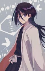 Rule 34 | 1girl, :/, animal print, arm at side, black hair, bleach, bleach: epilogue, butterfly print, closed mouth, commentary request, cowboy shot, expressionless, floating hair, grey background, hair between eyes, haori, highres, japanese clothes, kimono, kuchiki rukia, long hair, long sleeves, looking at viewer, nose, official alternate hair length, official alternate hairstyle, purple eyes, simple background, solo, spoilers, sumire 1046, v-shaped eyebrows, white kimono, wide sleeves