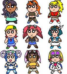 Rule 34 | 6+girls, aero (higurashi ryuuji), aero (inafune keiji), aero (ishikawa hideki), aero (itou kazushi), aero (kaji hayato), aero (mega man), aero (nakayama tooru), aero (suetsugu haruki), aero (yoshikawa tatsuya), capcom, chibi, dress, female focus, flat color, full body, image sample, mega man (classic), mega man (series), mega man legends (series), mega man legends 3, multiple girls, native american, navel, original, parody, pixiv sample, shirt, shoes, shorts, simple background, skirt, socks, standing, style parody, white background