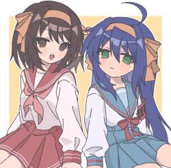 Rule 34 | 2girls, :3, :d, armband, blue eyes, blue hair, blue sailor collar, blue skirt, brown hair, cosplay, costume switch, green eyes, hair ribbon, hairband, highres, izumi konata, izumi konata (cosplay), kita high school uniform, long hair, long sleeves, lucky star, medium hair, mole, mole under eye, multiple girls, nanonome, neckerchief, open mouth, pink neckerchief, pleated skirt, red armband, red ribbon, red sailor collar, red skirt, ribbon, ryouou school uniform, sailor collar, school uniform, serafuku, shirt, sitting, skirt, smile, suzumiya haruhi, suzumiya haruhi (cosplay), suzumiya haruhi no yuuutsu, tongue, voice actor connection, white shirt, winter uniform, yellow hairband, yellow ribbon