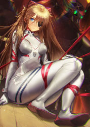 Rule 34 | 1girl, ass, bodysuit, breasts, brown hair, covered navel, cowboy shot, eva 02, evangelion: 3.0+1.0 thrice upon a time, highres, ja mong, jamong, lips, long hair, mecha, neon genesis evangelion, plugsuit, rebuild of evangelion, robot, shiny clothes, simple background, sitting, skin tight, souryuu asuka langley, two side up, very long hair, white bodysuit, wide hips