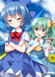 Rule 34 | 2girls, blue bow, blue dress, blue hair, blue skirt, blue vest, blush, bow, cirno, closed mouth, collared shirt, daiyousei, dress, closed eyes, fairy, fairy wings, food, green eyes, green hair, hair between eyes, hair bow, highres, holding, holding food, ice, ice wings, long hair, multiple girls, open mouth, popsicle, puffy short sleeves, puffy sleeves, ruu (tksymkw), shirt, short hair, short sleeves, side ponytail, skirt, touhou, vest, watermelon bar, white shirt, wings
