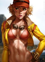 Rule 34 | 10s, 1girl, bikini, blonde hair, bra, breasts, cidney aurum, cleavage, covered erect nipples, cropped jacket, curly hair, dandon fuga, dirty, final fantasy, final fantasy xv, goggles, goggles around neck, green eyes, hand on own hip, hat, highres, jacket, navel, open clothes, open jacket, parted lips, solo, stomach, swimsuit, toned, underwear