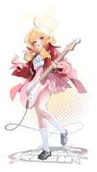 Rule 34 | 1girl, absurdres, ahoge, amejaga, audio cable, blonde hair, blue archive, blush, electric guitar, guitar, hair ribbon, halo, highres, holding, holding guitar, holding instrument, holding plectrum, instrument, jacket, logo, looking at viewer, official alternate costume, pink skirt, pleated skirt, plectrum, red jacket, ribbon, shirt tucked in, skirt, smile, socks, solo, standing, standing on one leg, twintails, white socks, yoshimi (band) (blue archive), yoshimi (blue archive)